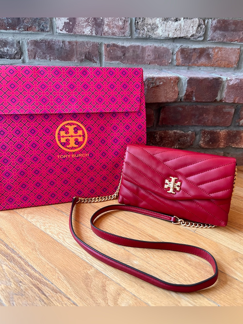 Tory Burch Red Stone Quilted Leather Kira Chevron Chain Wallet